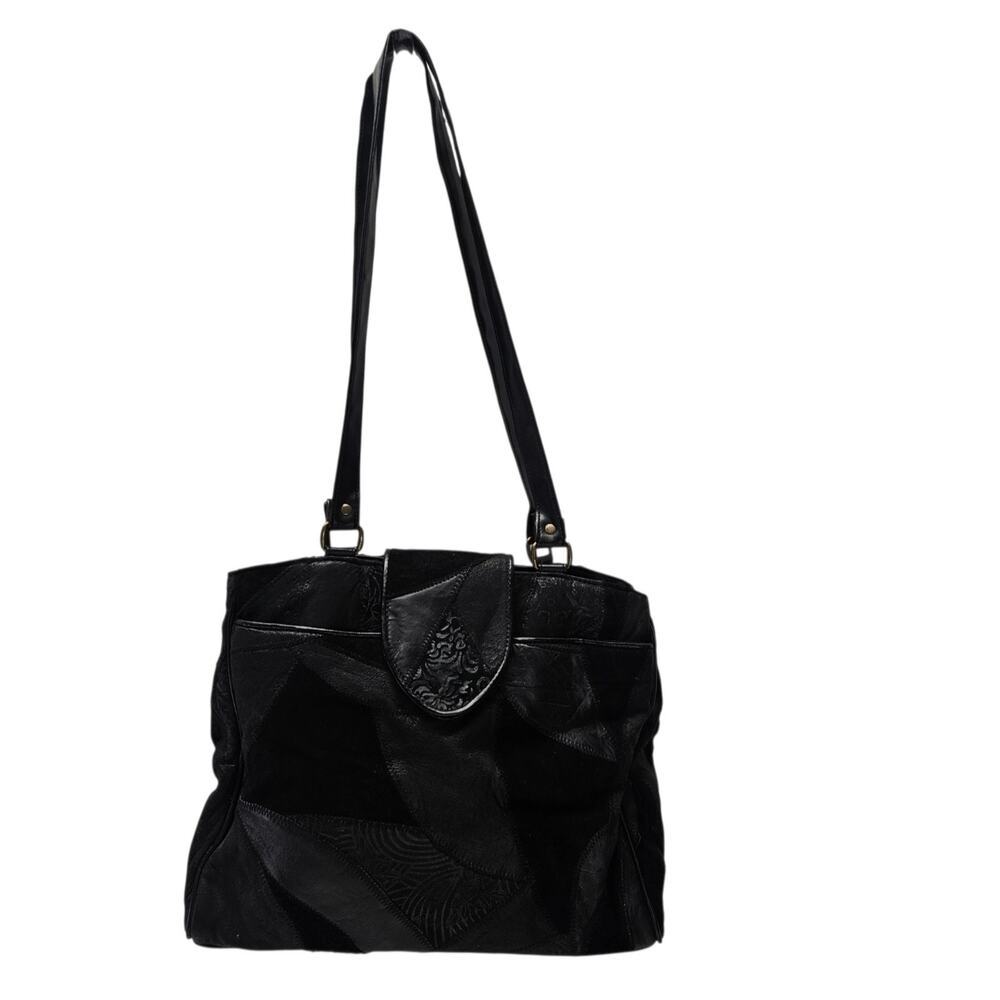 Vintage Black Textured Patchwork Leather Shoulder Bag Purse 80s 90s Retro Zip